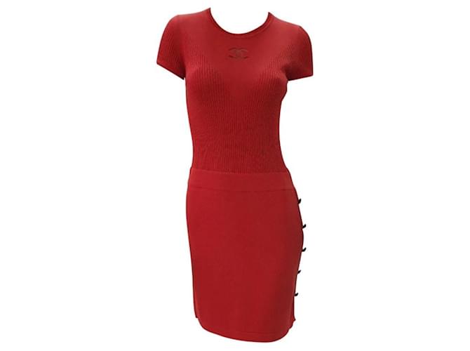 Vestido vermelho de manga curta CHANEL Algodão  ref.897823