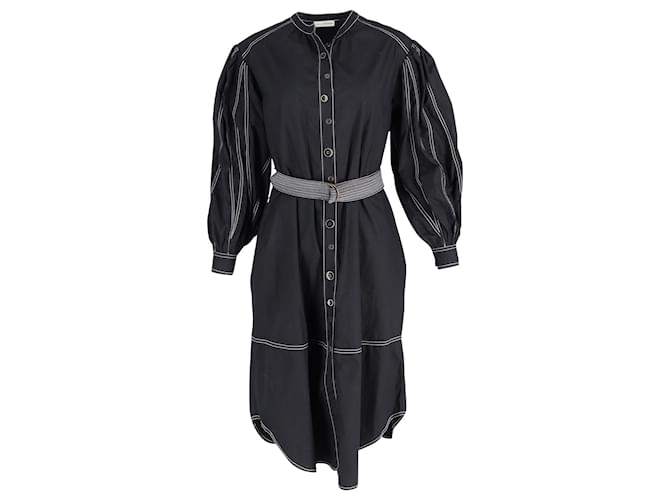 Ulla Johnson Maria Belted Topstitched Midi Dress in Black Cotton  ref.897948