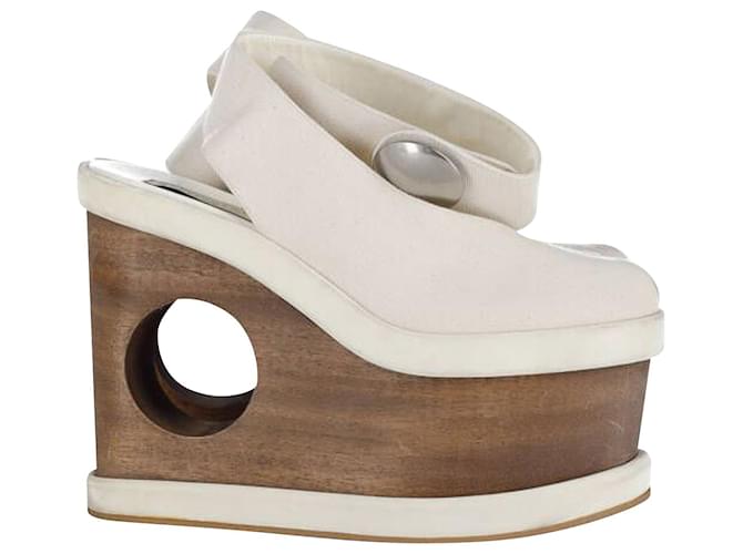 Stella Mc Cartney Stella Mccartney Platform Wedge Sandals in Cream Canvas and Wood White Cloth  ref.897998