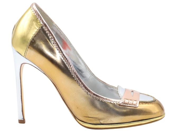 Yves Saint Laurent Metallic Loafer Heels in Gold Leather  Golden  ref.898008