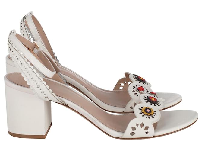 Tory Burch Cut-Out Floral Appliqué Ankle-Strap Sandals in White Leather  ref.898034