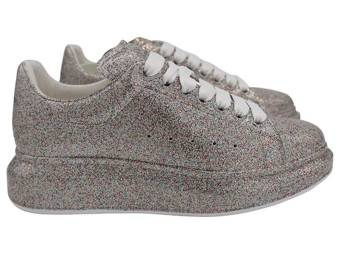Alexander Mcqueen Multicolor Glitter Spray Oversized Sneakers in Silver Leather Silvery Metallic