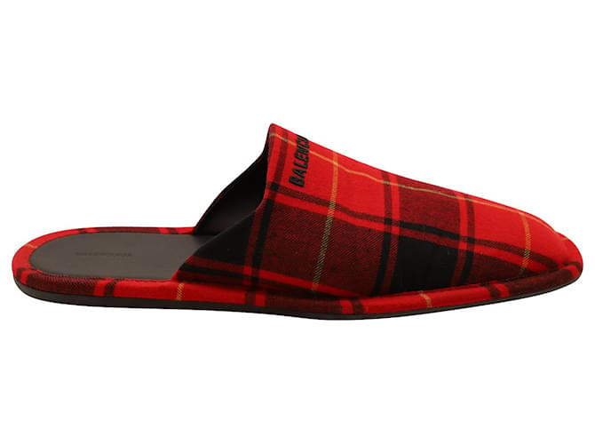 Pantofole Balenciaga in flanella scozzese con logo ricamato in lana rossa Rosso  ref.898053