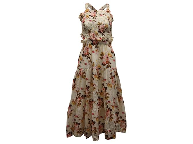 Sea New York Esme Smocked Maxi Dress in Beige Floral Print Ramie  ref.898112