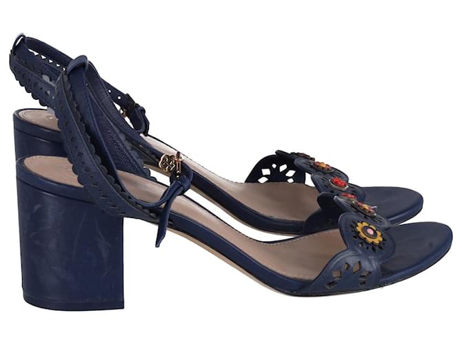 Sandália Tory Burch com recorte floral e tira no tornozelo em couro azul marinho  ref.898152