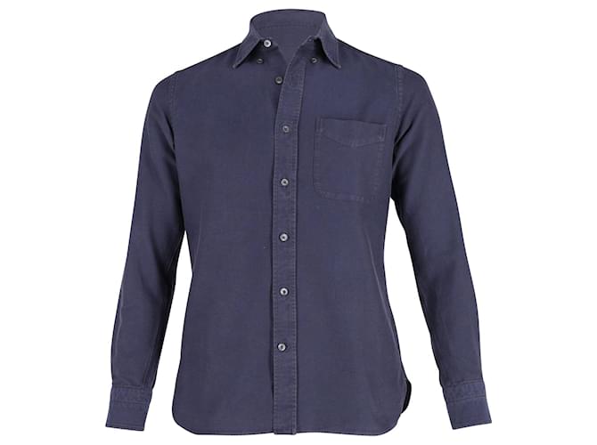 Tom Ford Point-Collar Sport Shirt with Pocket in Navy Blue Cotton  ref.898201