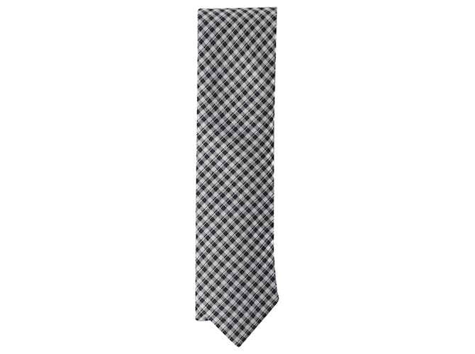 Prada Gingham Neck Tie in White Print Cotton  ref.898227