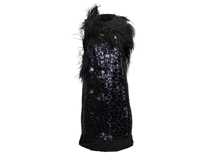 Hugo Boss Dhaya Feather-Trimmed Sequined Dress in Black Polyester  ref.898238