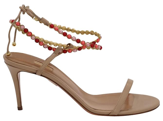 Aquazzura Livia 75 Beaded Sandals In Beige Leather  ref.898332