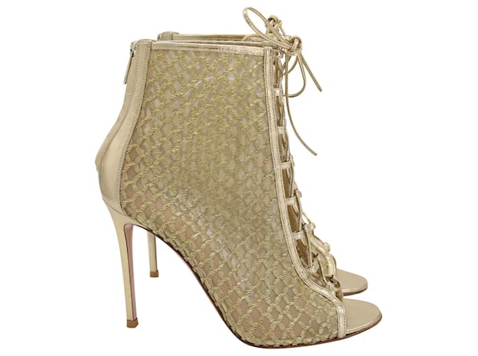 Gianvito Rossi Lace-Up Embroidered Booties in Gold Mesh & Leather Golden Metallic  ref.898604