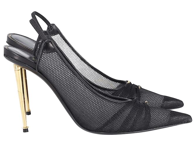 Zapatos de tacón en punta con tira trasera de malla con adornos de cuero de Tom Ford en cuero negro  ref.898616