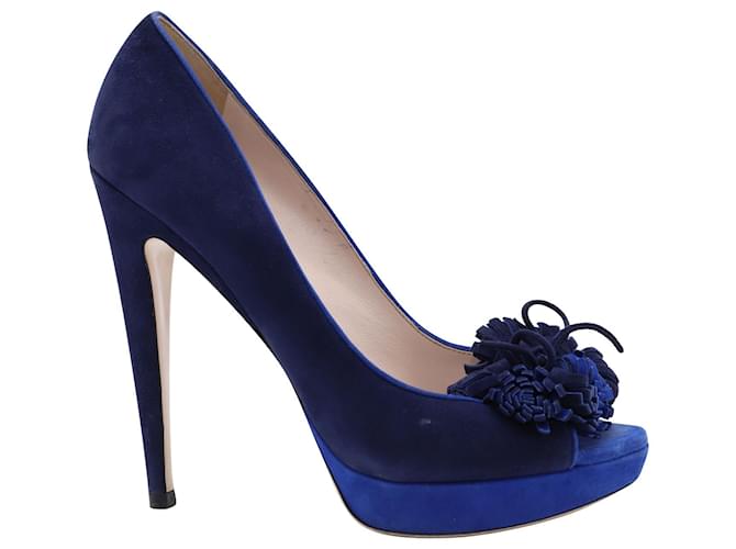 Zapatos de tacón peep-toe con borlas en ante azul de Miu Miu Suecia  ref.898800