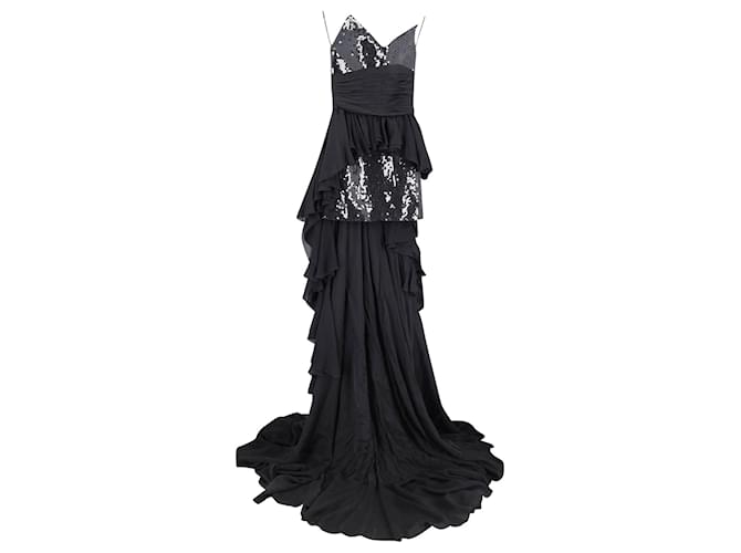 Balmain High Low Sequin Gown in Black Silk  ref.898838