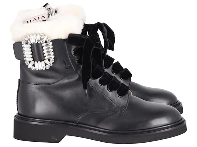 Roger Vivier Ranger Shearling-Lined Crystal-Embellished Ankle Boots in Black Leather  ref.898884