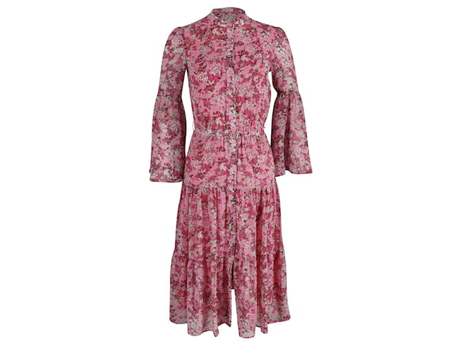 Michael Kors Tiered Floral-Print Chiffon Midi Dress in Pink Polyester  ref.898894