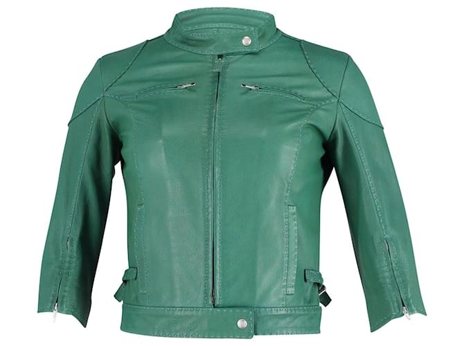 Fendi Cropped Zip Up Jacket in Green Leather  ref.898948