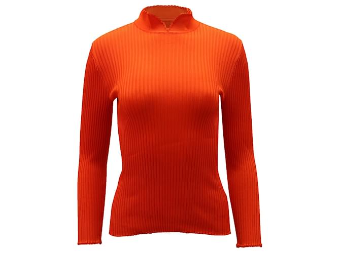 Ganni High Neck Ribbed Knit Top in Orange Viscose Coral Cellulose fibre  ref.898988