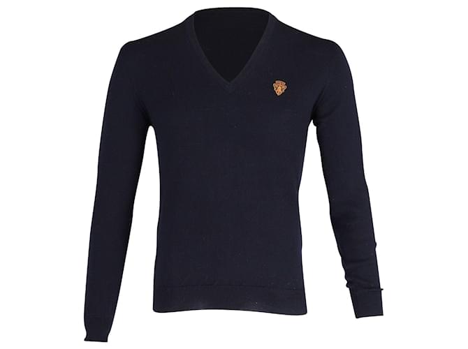 Suéter masculino Gucci com decote em V em lã azul marinho  ref.899043