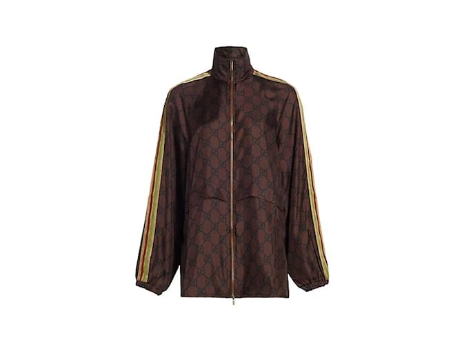 GUCCI Chaqueta de seda con estampado GG Supreme marrón con cremallera y franja dorada talla L Marrón oscuro  ref.899787