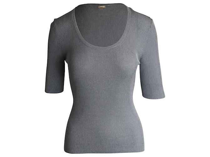 Michael Kors Collection Metallic Ribbed Knit Top in Silver Viscose Silvery Cellulose fibre  ref.899809