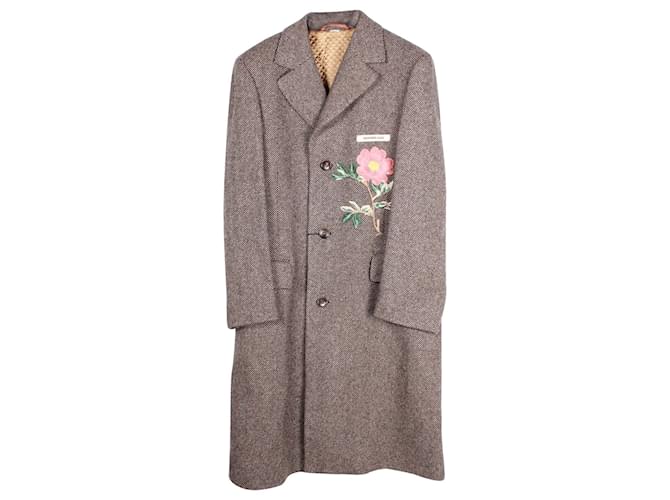 Cappotto a quadri Gucci con ricamo floreale in lana marrone  ref.899836