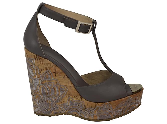 Jimmy Choo Floral Embroidered Cork Wedge Ankle Strap Sandals in Grey Leather  ref.899845