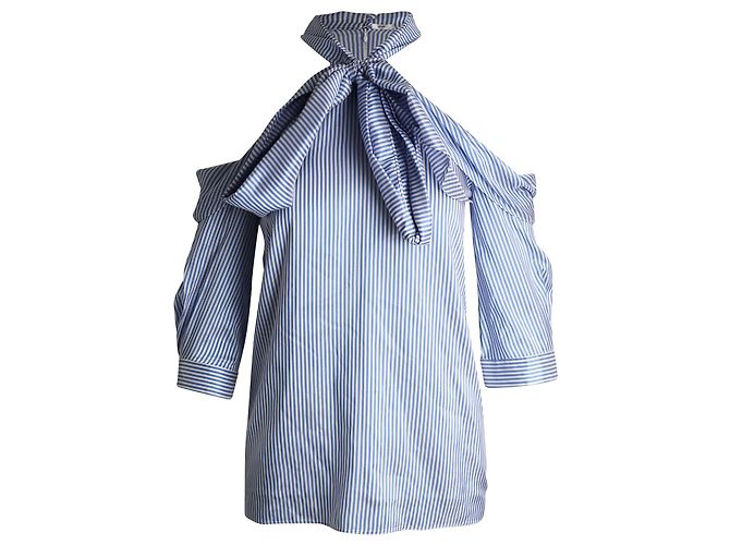 Erdem Elin Top a righe con collo allacciato e spalle scoperte in seta azzurra Blu Blu chiaro