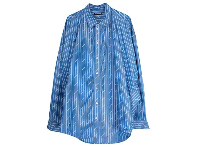 Balenciaga Stripe Logo Button Down Shirt in Light Blue Cotton  ref.899881