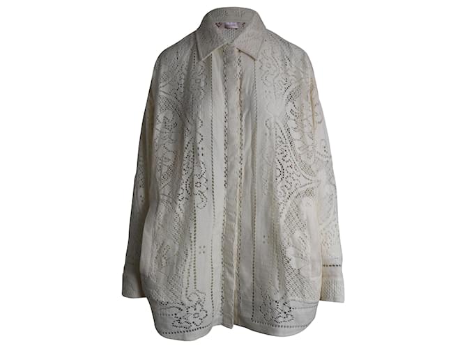 Valentino Garavani Valentino Veste-chemise en maille crochet Pointelle en coton crème Blanc Écru  ref.899897