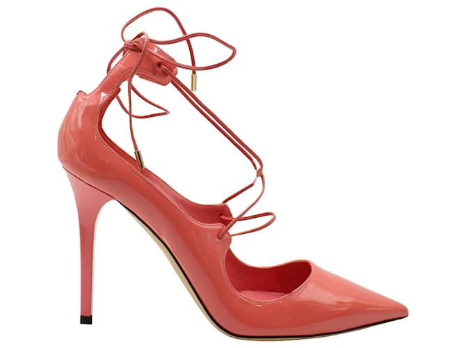 Jimmy Choo Vita 100 Lace Up Pumps in Patent Leather Coral Pink  ref.899901