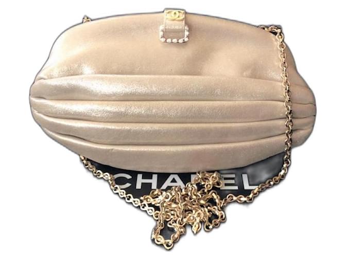 CHANEL, Bags, Auth Chanel Vintage Gold Leather Evening Clutch