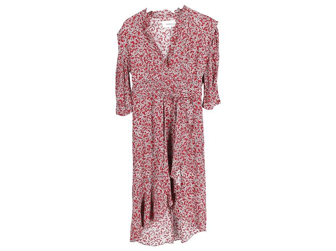 Ba&sh Vestido midi bainha assimétrica com babados e decote em V em viscose vermelha Vermelho