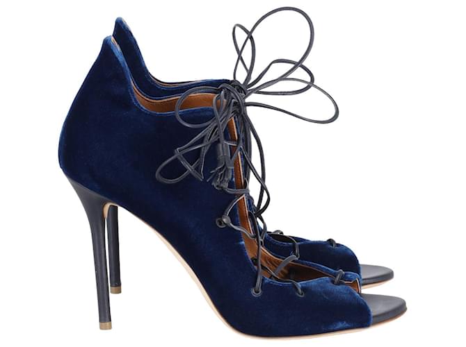 Autre Marque Malone Souliers Savannah Lace-Up Sandals in Midnight Navy Blue Velvet  ref.900208