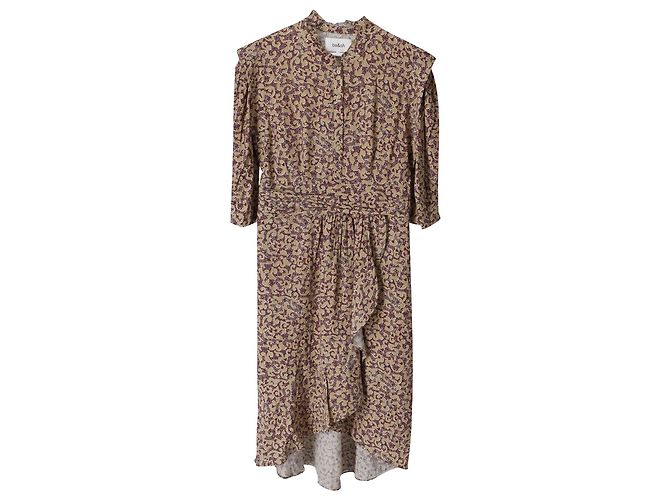 Vestido midi com babados Ba&Sh em viscose com estampa bege