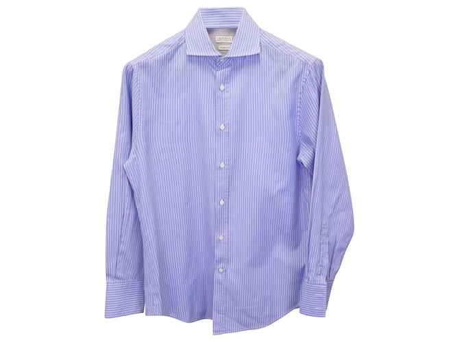 Brunello Cucinelli Camisa Slim Fit Listrada em Algodão Azul  ref.900244