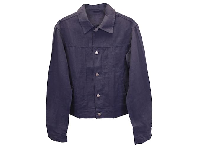 Prada Button-Front Jacket in Blue Linen Navy blue  ref.900260