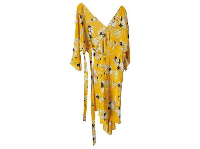 Diane Von Furstenberg Floral Print Wrap Dress in Yellow Silk  ref.900265