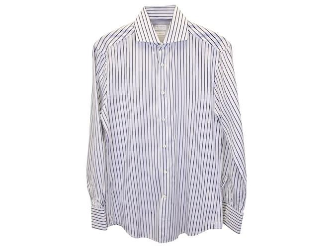 Gestreiftes Slim-Fit-Hemd von Brunello Cucinelli aus weißer und marineblauer Baumwolle  ref.900294