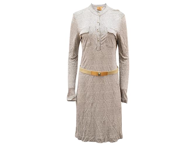 Tory Burch Belted Microprint Long Sleeve Midi Dress in Brown Cotton blend  ref.900338