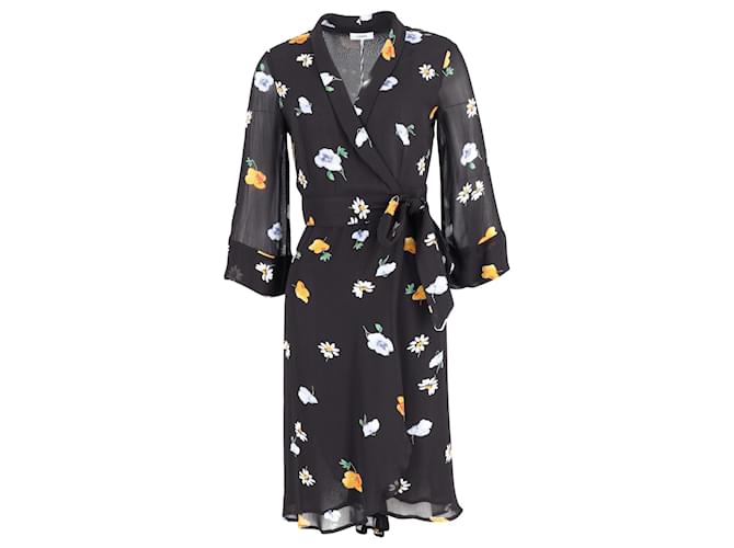 Ganni Rory Gathered Floral Print Chiffon Midi Dress in Black Viscose Cellulose fibre  ref.900347
