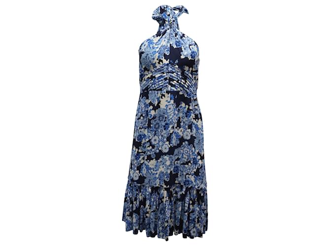 Vestido a media pierna con cuello halter en seda azul floral de Tory Burch  ref.900385