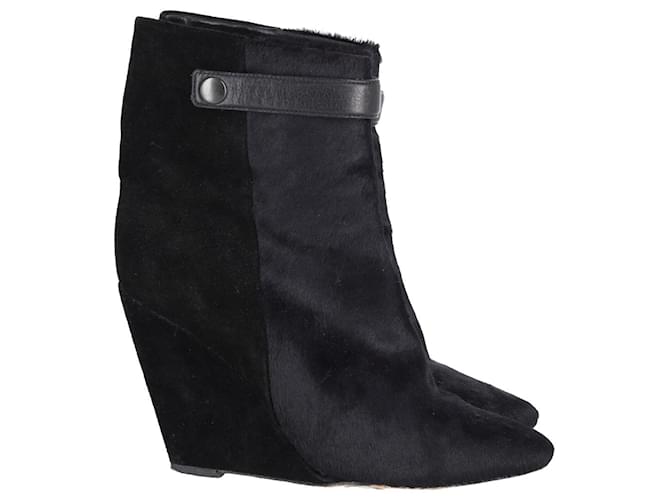 Isabel Marant Pony Style Wedge Ankle Boots in Black Pony Hair Wool  ref.900476