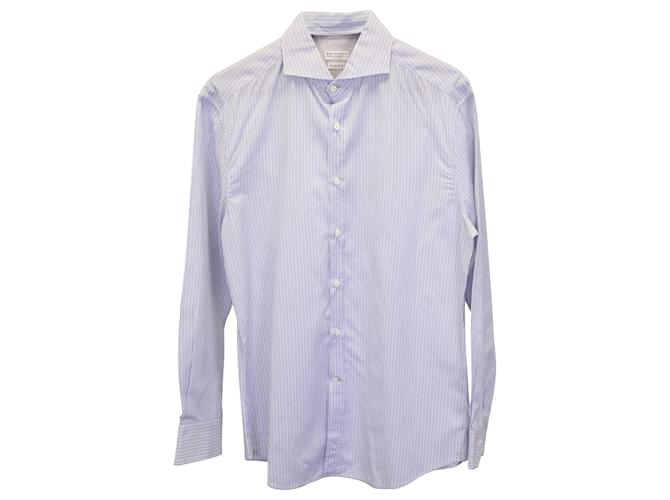 Brunello Cucinelli Chemise Slim Fit à Rayures en Coton Blanc et Bleu  ref.900516