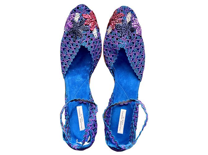 Sandali Philippe Model Blu Klein e Viola Ricamo in Rafia Taglia 39 Nero Bordò Porpora