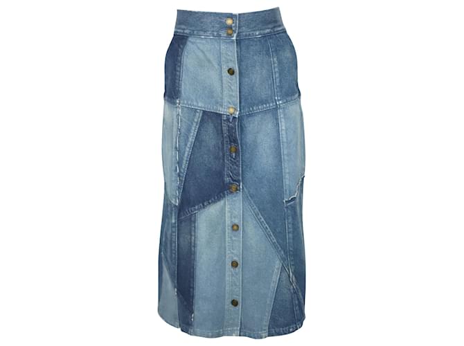 Saint Laurent Patchwork Denim Skirt in Blue Cotton  ref.901498