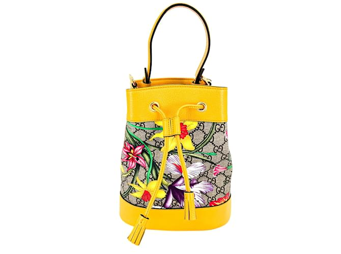 Gucci Bolsa bucket Ophidia GG Flora pequena amarela edição limitada Multicor Lona  ref.901505