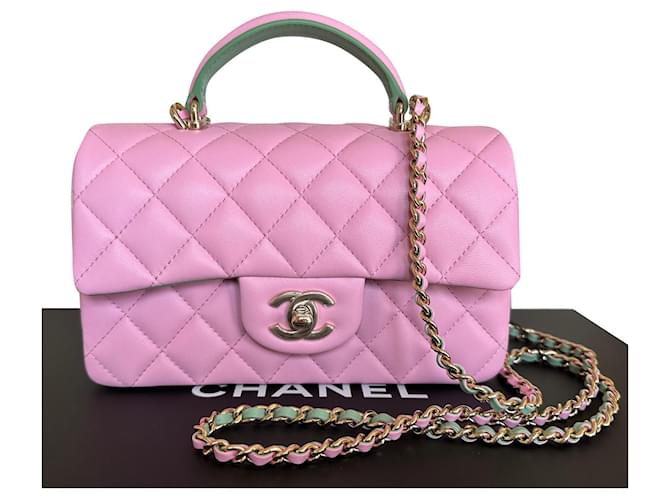 Timeless Chanel Minibolsa clássica com aba e alça superior rosa/verde Pele de cordeiro  ref.901513