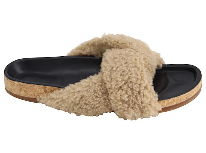 Chloé Chloe Shearling Knotted Slip On Slides in Brown Wool Beige  ref.901584