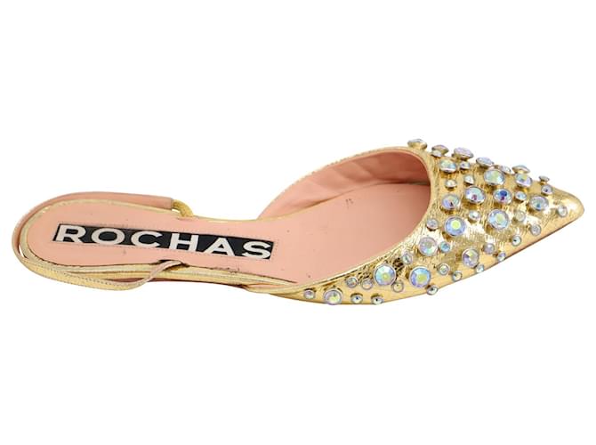 Rochas Crystal Embellished Point Toe Flats in Gold Leather Golden Metallic  ref.901726