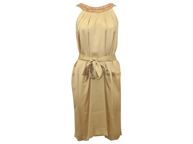 Alberta Ferretti Kleid aus beigefarbener Seide mit verziertem Halsdetail und Gürtel  ref.901759